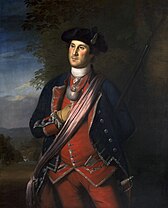 Painting of Washington, by Charles Wilson Peale, standing in a formal pose, in a colonel's uniform, right hand inserted in shirt.