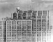 Black-and-white image of the top floors with RCA wordmark in 1943
