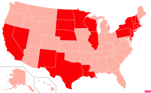 States in the United States by Catholic population according to the Pew Research Center 2014 Religious Landscape Survey.[221] States with Catholic population greater than the United States as a whole are in full red.