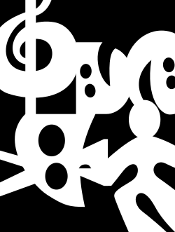 Black and white logo with symbols for music, art, drama, but dance