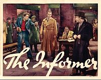 Lobby card for The Informer featuring Victor McLaglen, Preston Foster and Donald Meek