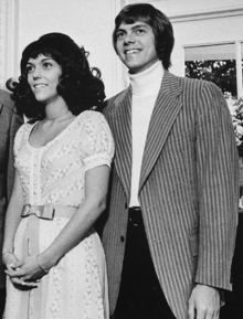 Black and white photograph of Karen and Richard Carpenter at the White House, Washington DC, August 1, 1972
