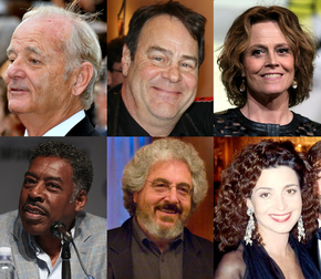 Portrait photos of the stars of the film: Bill Murray, Dan Aykroyd, Sigourney Weaver, Ernie Hudson, Harold Ramis, and Annie Potts