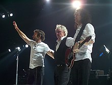 l-r:Paul Rodgers, Roger Taylor, and Brian May live in 2005 for the Queen + Paul Rodgers tour