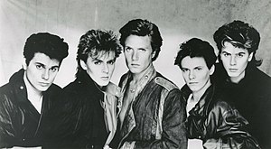 Duran Duran in 1983. Left to right: Roger Taylor (drums), Nick Rhodes (keyboards), Simon Le Bon (vocals), Andy Taylor (guitar) and John Taylor (bass)