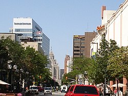 View from Ouellette Avenue in Windsor to the north across the river to Detroit's Guardian (right) and Penobscot Building (left) cityscape.