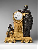 French Neoclassical mantel clock ("Pendule Uranie"); 1764–1770; case: patinated bronze and gilded bronze, Dial: white enamel, movement: brass and steel; 71.1 × 52.1 × 26.7 cm; Metropolitan Museum of Art
