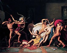 A painting of Odysseus and Telemachus preparing to slaughter the suitors of Odysseus's wife Penelope