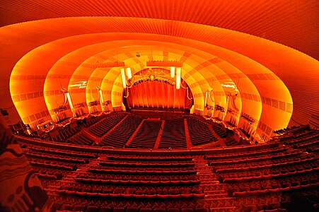 Auditorium and stage of Radio City Music Hall in New York City by Edward Durell Stone and Donald Deskey (1932)