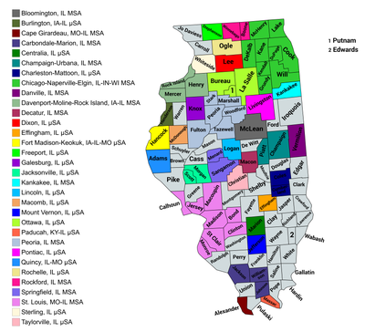Map of the 32 core-based statistical areas in Illinois.