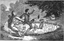An 1880 sketch of a man pulling another man away from fairies that are dancing in a circle