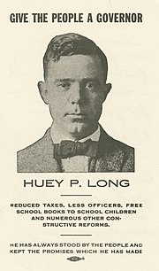 Card sporting Long's face surrounded by the text "Give the people a governor, Huey P. Long"