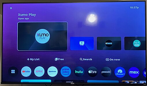 A Xumo TV manufactured by Hisense, demonstrating the "Entertainment OS" user interface to be utilized by Xumo-compatible devices.