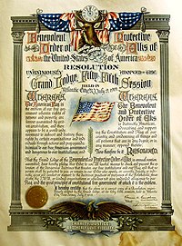 Example 1: A colorful red, white and blue decorated 1919 document by the Benevolent and Protective Order of Elks, declaring itself to be patriotic and barring people viewed as unpatriotic from membership.