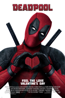 Official poster shows the title hero Deadpool in his traditional red and black suit and mask with his hands forming a heart, and the film's name above him with credits and billing below him.