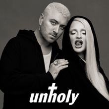 A black and white picture of Sam Smith resting their hand on Kim Petras's shoulder as she is sticking her tongue out. The word "Unholy" is written at the bottom in white letters, with the H stylised to resemble a crucifix.