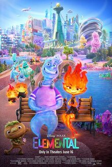 Fire element Ember Lumen and water element Wade Ripple are sitting on a bench at the park surrounded by other anthropomorphized elements. "Elemental" is written on the bottom with the theatrical release date "Only In Theaters June 16" in the middle and the billing block credits and MPA rating on the bottom.