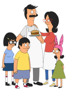 A family consisting of a mother, a father holding a hamburger, a boy, and two girls.