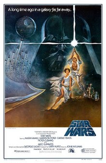 Film poster showing Luke Skywalker holding a lightsaber in the air, Princess Leia kneeling beside him, and R2-D2 and C-3PO behind them. A figure of the head of Darth Vader and the Death Star with several starfighters heading towards it are shown in the background. Atop the image is the tagline "A long time ago in a galaxy far, far away ..." On the bottom right is the film's logo, and the credits and the production details below that.