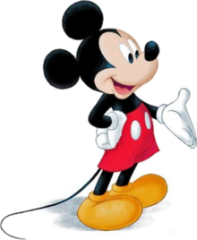 A smiling cartoon mouse with round ears, red shorts with white buttons, white gloves, and yellow shoes