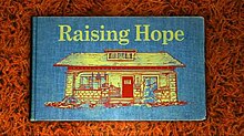 The cover of a blue storybook, with the words 'Raising Hope' written in yellow above a picture of a house.