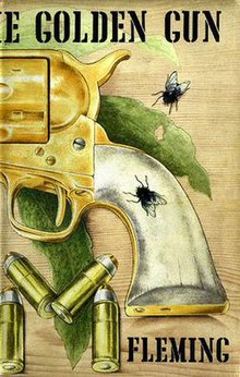 A book cover, showing a drawing of the handle of a pistol, four bullets and two flies