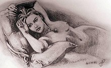 A pencil-drawing sketch depicting a woman with a somewhat stern face lying on a chair and pillow naked, only wearing a diamond necklace. From the breast down the picture is cut off.