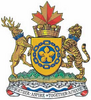A coat of arms with a yellow and blue Canadian pale in the middle, a crown made from castle bricks with a red Canadian maple leaf on top, a deer to the left and a tiger to the right. Below is green grass with a banner that has the city's motto: Together Aspire – Together Achieve.