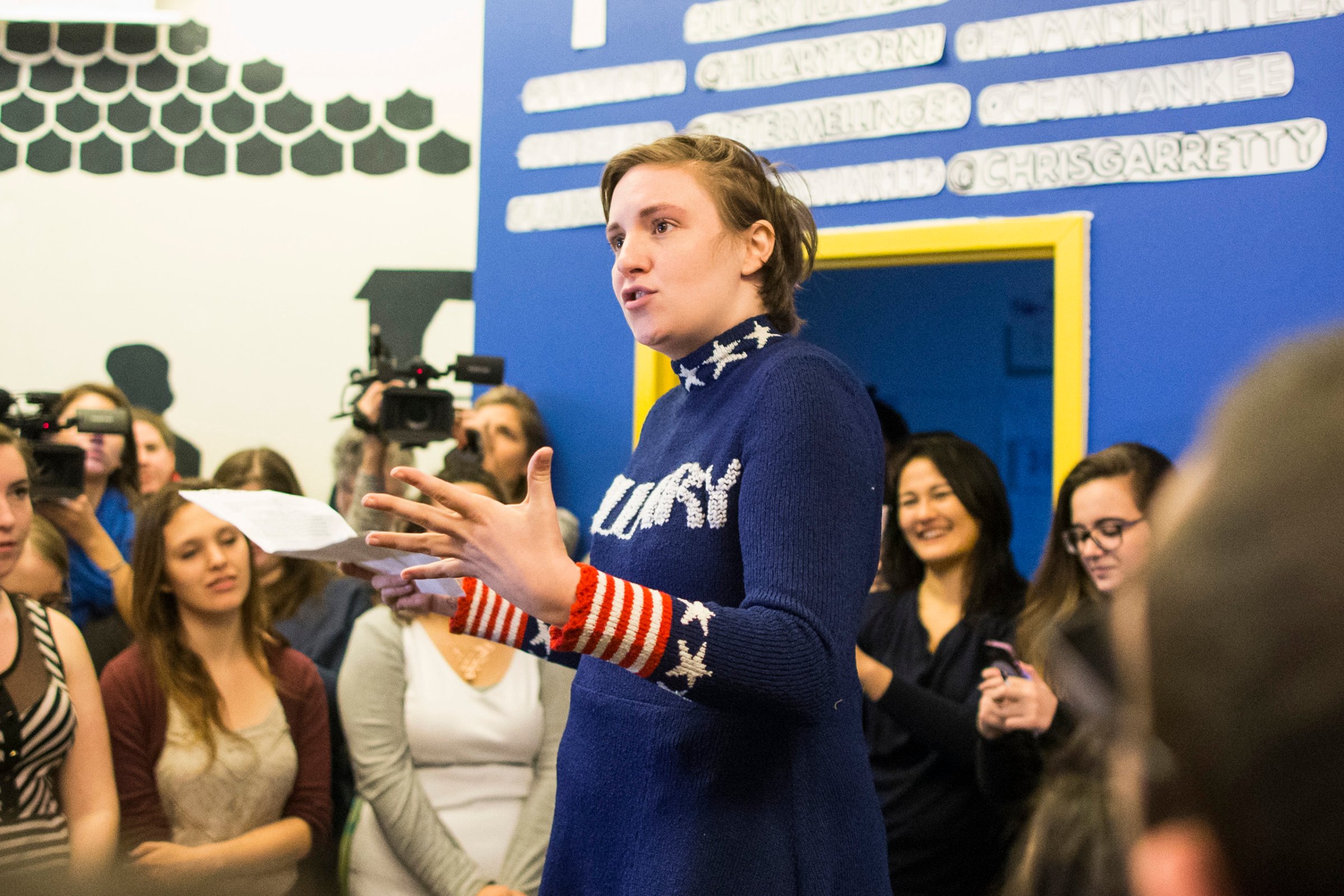 Lena Dunham speaks to a crowd at a Hillary Clinton campaign office in Manchester, New Hampshire on Jan. 8, 2016.
