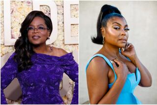 Split image: left, Oprah Winfrey wears a sparkling purple dress; right, Taraji P. Henson wears a light blue dress