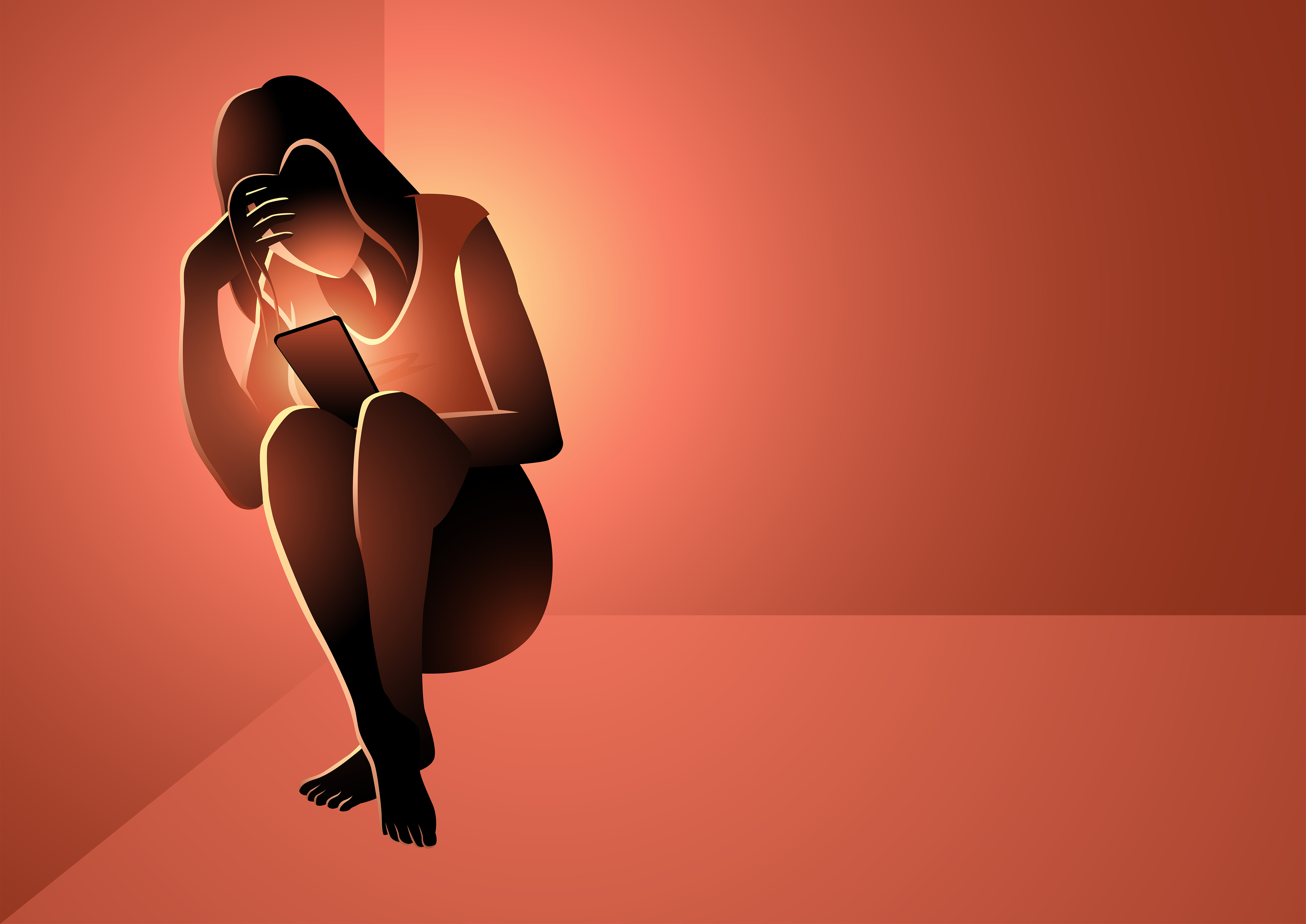 Illustration of a woman sitting in a corner, looking at a smartphone.