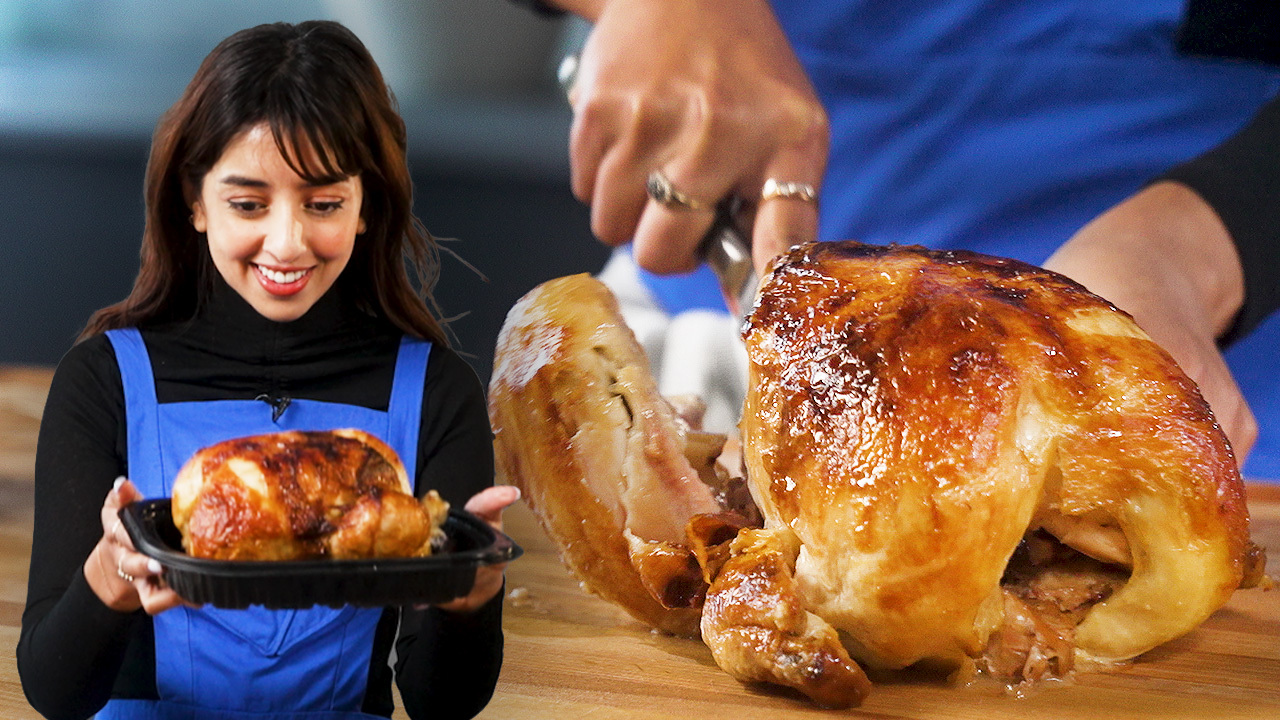 Smiling woman wearing an apron holds up a cooked roast chicken; a close-up shows her cutting into the chicken.