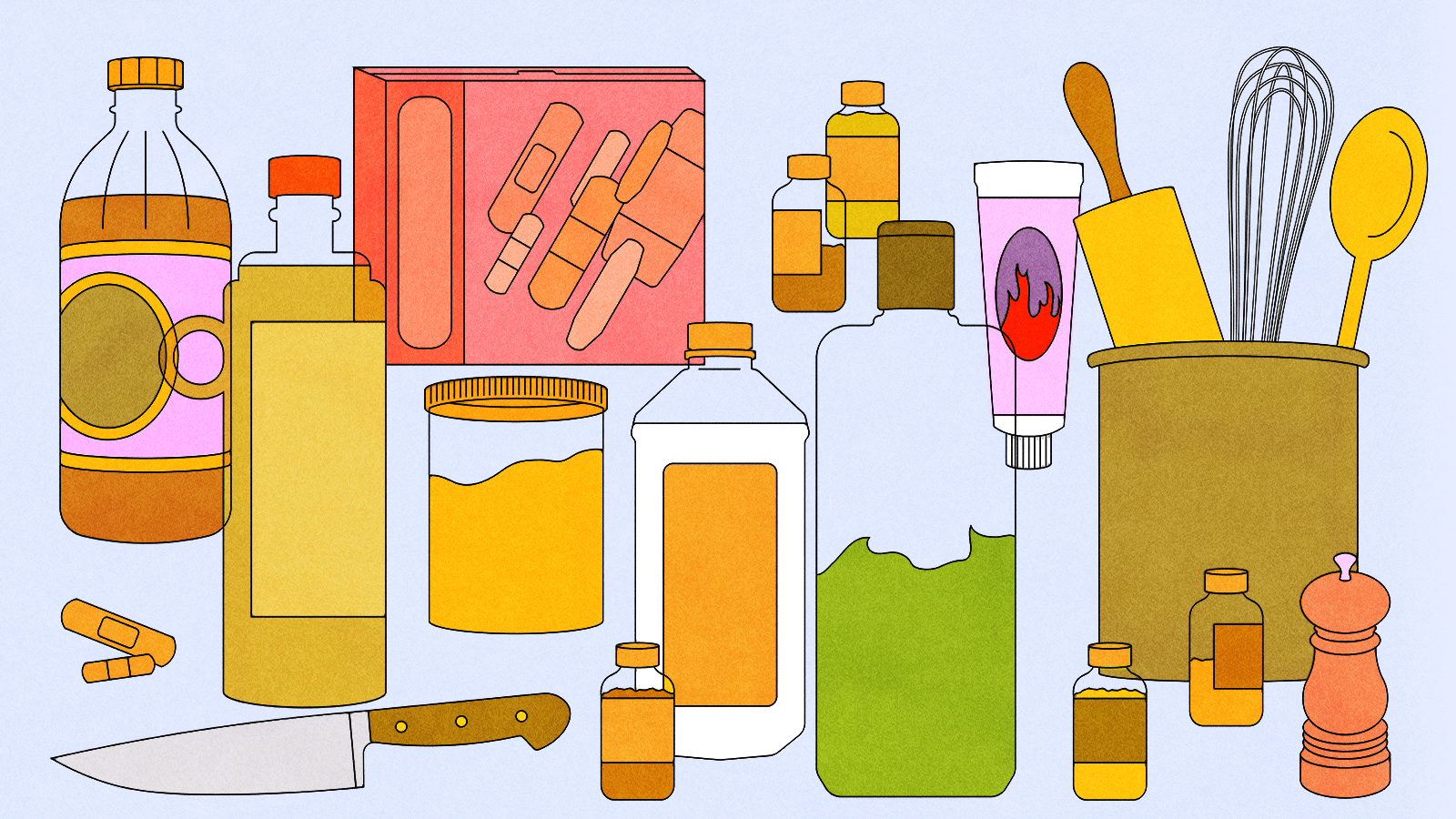Band-Aids, burn cream, and other first aid items sit among bottles of oil and vinegar, a kitchen knife, and a vessel holding a rolling pin, whisk, and spatula. Illustration.
