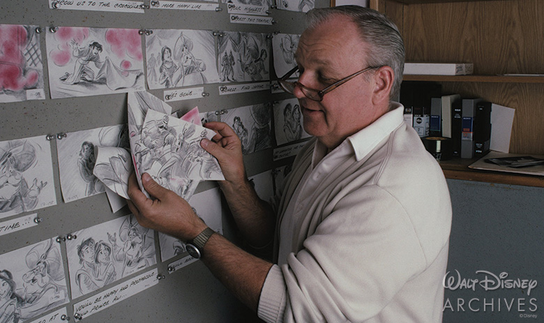 Burny Mattinson with Aladdin storyboards