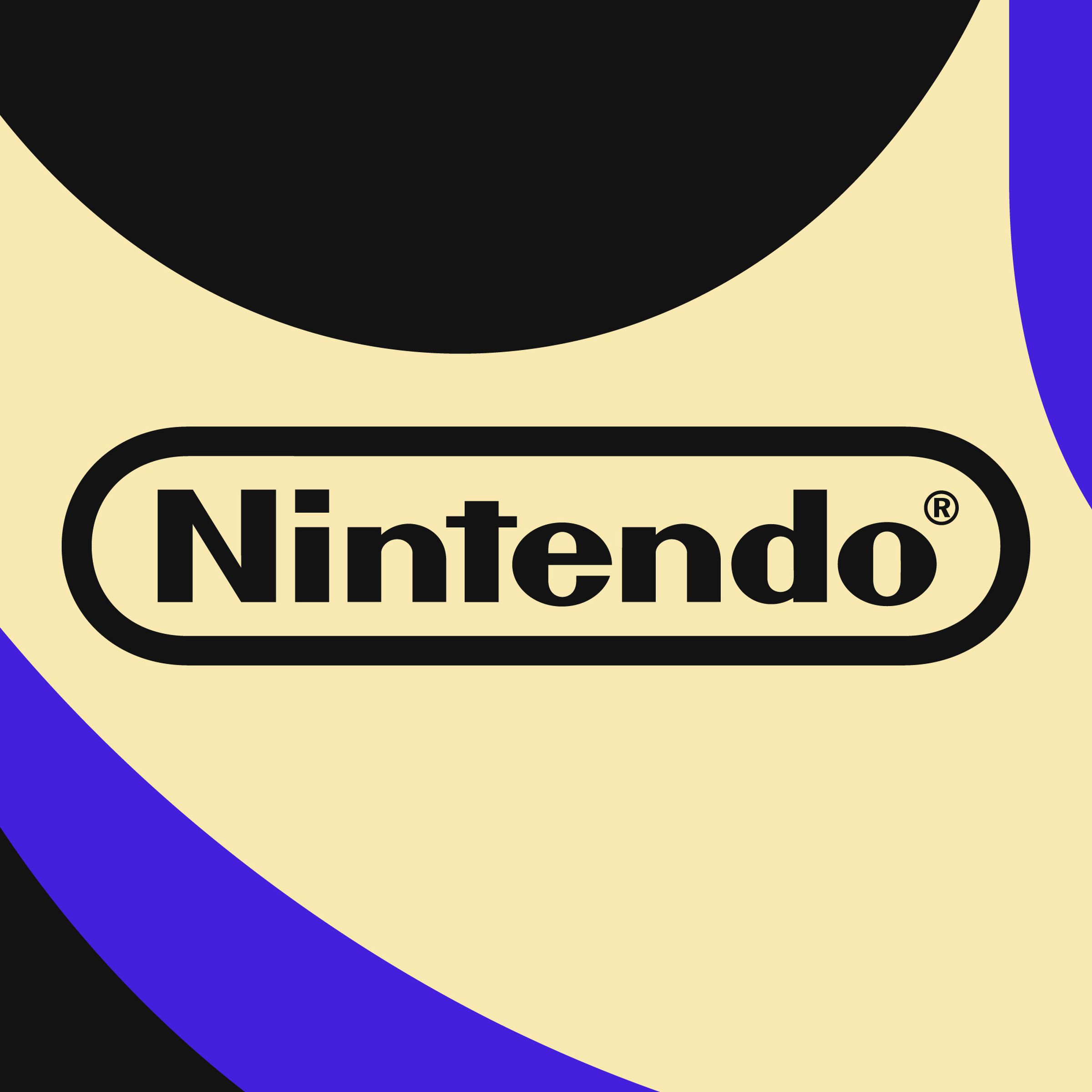 Stock image illustration featuring the Nintendo logo stamped in black on a background of tan, blue, and black color blocking.