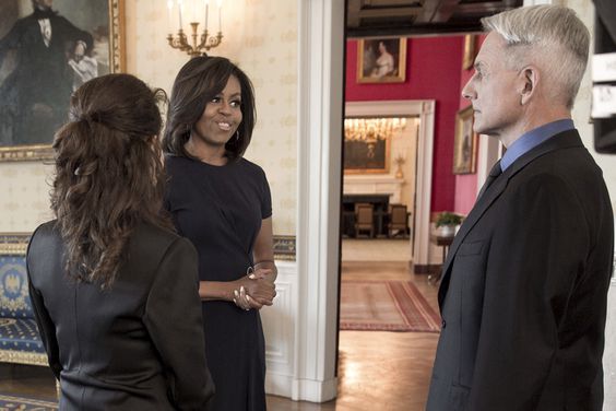 First Lady Michelle Obama films a scene with Mark Harmon and Reiko Aylesworth for the May 3rd episode of NCIS