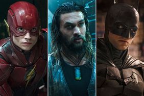 Ezra Miller as The Flash; Jason Momoa as Aquaman, , and Robert Pattinson as Batman