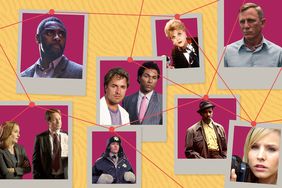 Collage of photos of Idris Elba in Luther ; Gillian Anderson, David Duchovny on the X files ; Don Johnson as Det. James 'Sonny' Crockett, Philip Michael Thomas as Det. Ricardo 'Rico' Tubbs ; Frances McDormand on Fargo ; Jessica Fletcher on Murder She Wrote ; Denzel Washington on DEVIL IN A BLUE DRESS ; Daniel Craig as Detective Benoit Blanc on Glass Onion: A Knives Out Mystery; Kristen Bell as Veronica Mars with connecting red lines