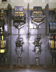 figure 7. Main positive dc breakers on the Substation 1T switchboard (photo courtesy of Gerald Weinstein, ­photographer).