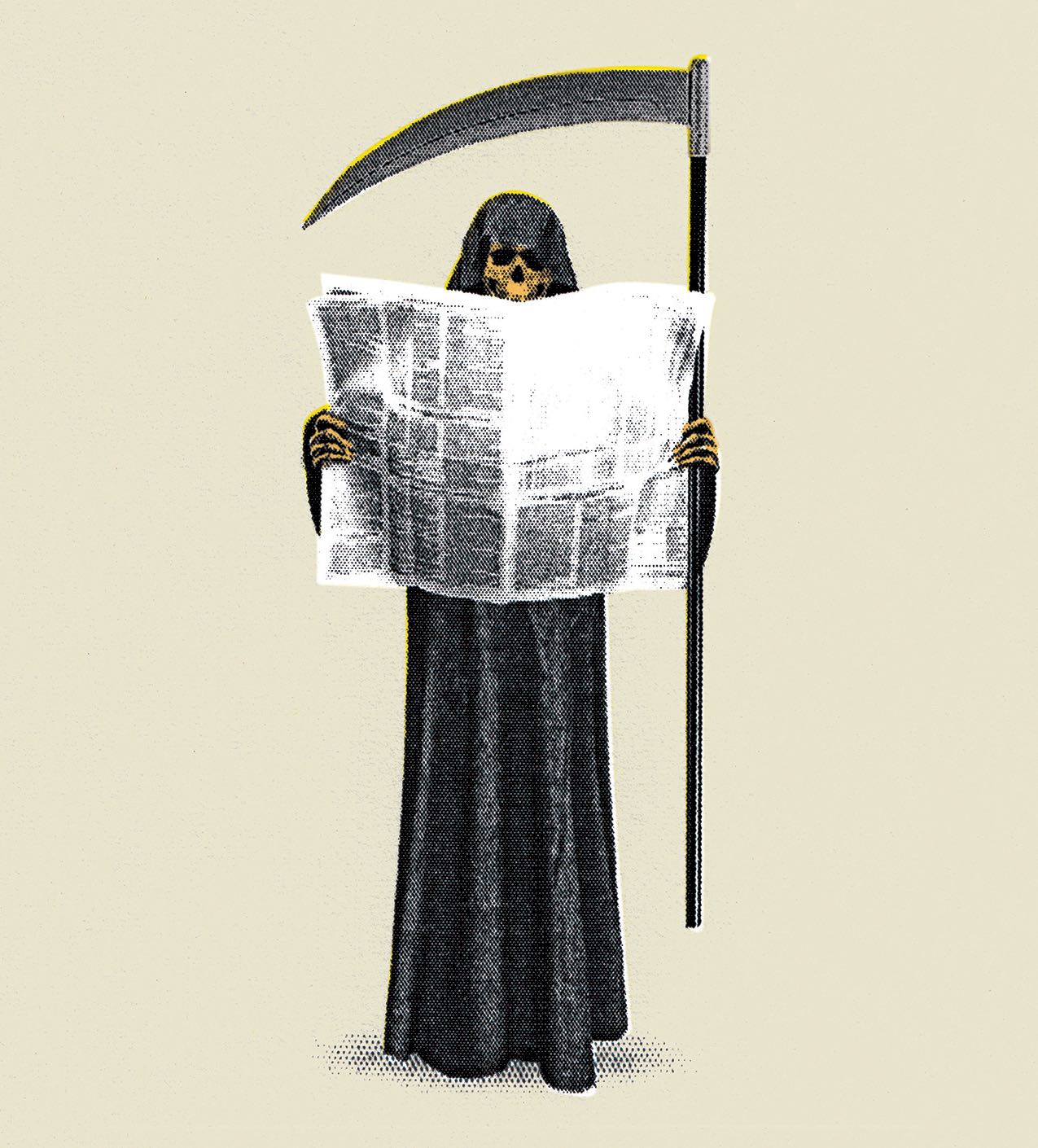 Illustration of the Grim Reaper reading the newspaper