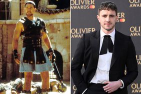 Russell Crowe in 'Gladiator'. ; Paul Mescal attends The Olivier Awards 2023 on April 02, 2023 in London, England. 