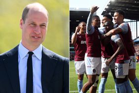 Prince William, Prince of Wales visits St. Michael's Church of England School; Moussa Diaby celebrates with Youri Tielemans, Leon Bailey, Ollie Watkins and Morgan Rogers of Aston Villa after scoring his team's second goal during the Premier League