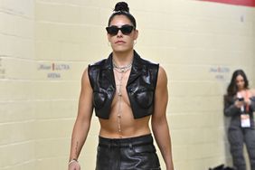 Kelsey Plum #10 of the Las Vegas Aces arrives to the arena before the game against the Phoenix Mercury on May 14, 2024 at Michelob ULTRA Arena in Las Vegas