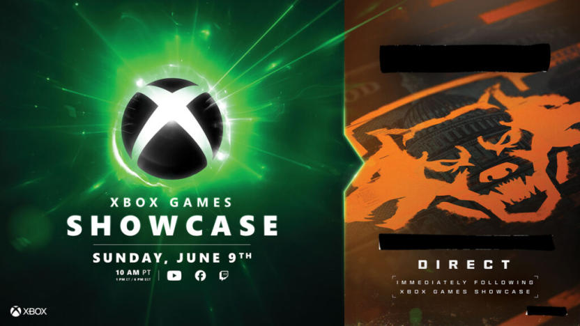A teaser / announcement image for Microsoft's Xbox Games Showcase 2024. Left panel: An Xbox logo exploding into green with the text "Xbox Games Showcase: Sunday, June 9th 10AM PT." On the right, a logo with three wolf faces in front of the US Capitol building, likely signifying a new Call of Duty game. The text: "[REDACTED] Direct."