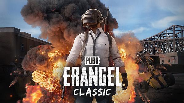 Splash screen for PUBG: Battlegrounds’ Erangel Classic map. The vintage visual includes a weapon-clad player in a helmet, dress shirt and tie with explosions behind him.