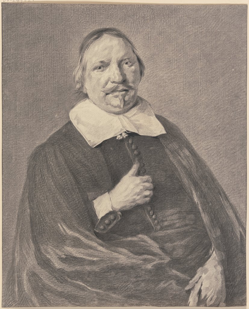 Brustbild eines Mannes mit Schnurr und Zwirbelbart, im Mantel die rechte Hand auf der Brust, Jan Gerard Waldorp, Frans Hals