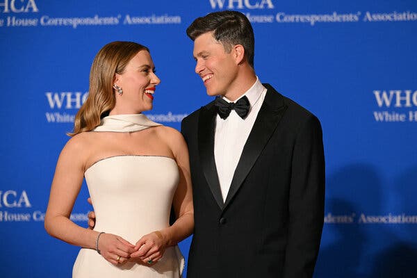 Scarlett Johansson, in Giorgio Armani, with Colin Jost, the host of the White House Correspondents’ Association Dinner this year, also in Giorgio Armani. 