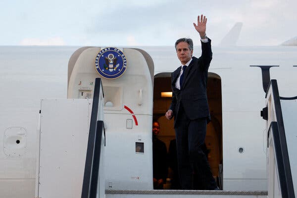 Secretary of State Antony J. Blinken waving as he departed from Tel Aviv last month. He has made several trips to the region since war broke out last October. 