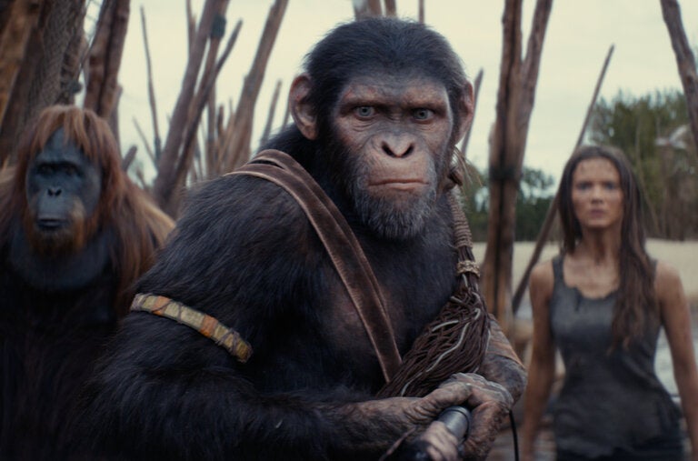 From left, Raka (Peter Macon), Noa (Owen Teague) and Nova (Freya Allan) in “Kingdom of the Planet of the Apes.”