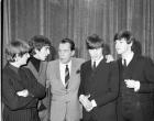 
	BEATLES (SINGING GROUP) (WITH ED SULLIVAN) After being silenced-briefly-by sore throat, George Harrison (second left) chats with Ed Sullivan.
